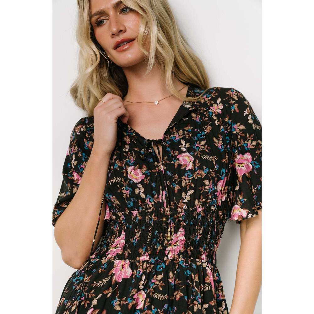 Baltic Born Black Floral Midi Dress with Pink Roses - Picture 2 of 5